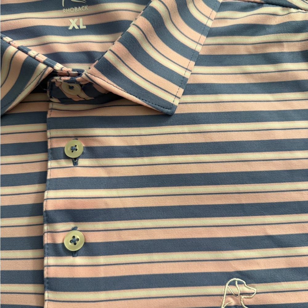 Rhoback Mens Performance Polo The Belmont Stripe Blue Pink White Extra Large XL - Picture 2 of 3